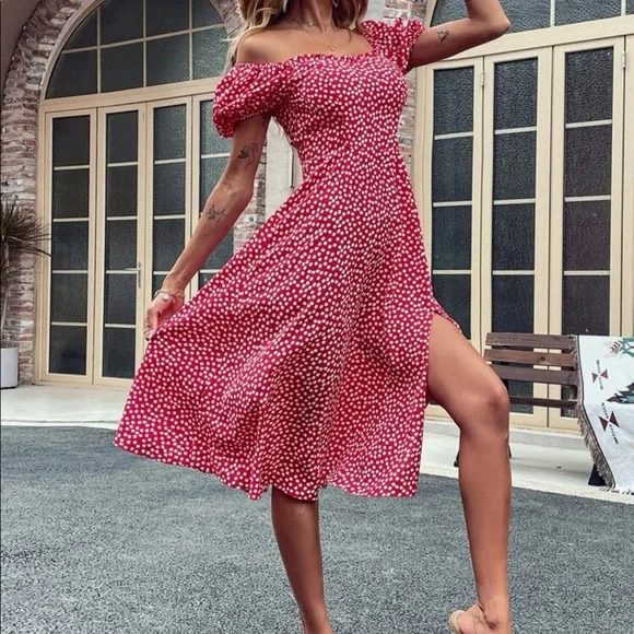 Boho polka dots puff sleeve slit thigh dress - Picture 15 of 16